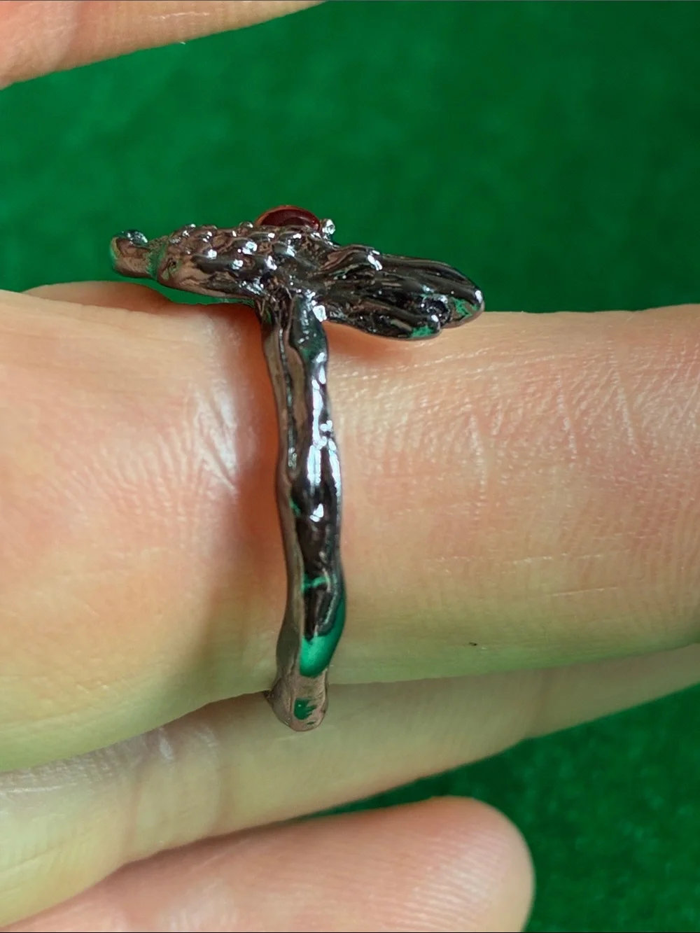 Gothic black raven crow red stone ring open adjustable band Edgar Allan Poe OS